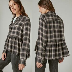 Lucky Brand Flannel Shirt XL Plaid Western Babydoll Long Sleeve Snap Peplum